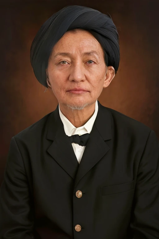 Indonesian Muslim man, aged 45 years or over, wearing a large green turban, a large, shabby shirt, brown skin, wrinkled but clean face, closed thin lips, slightly slanted eyes. HD quality realistic images