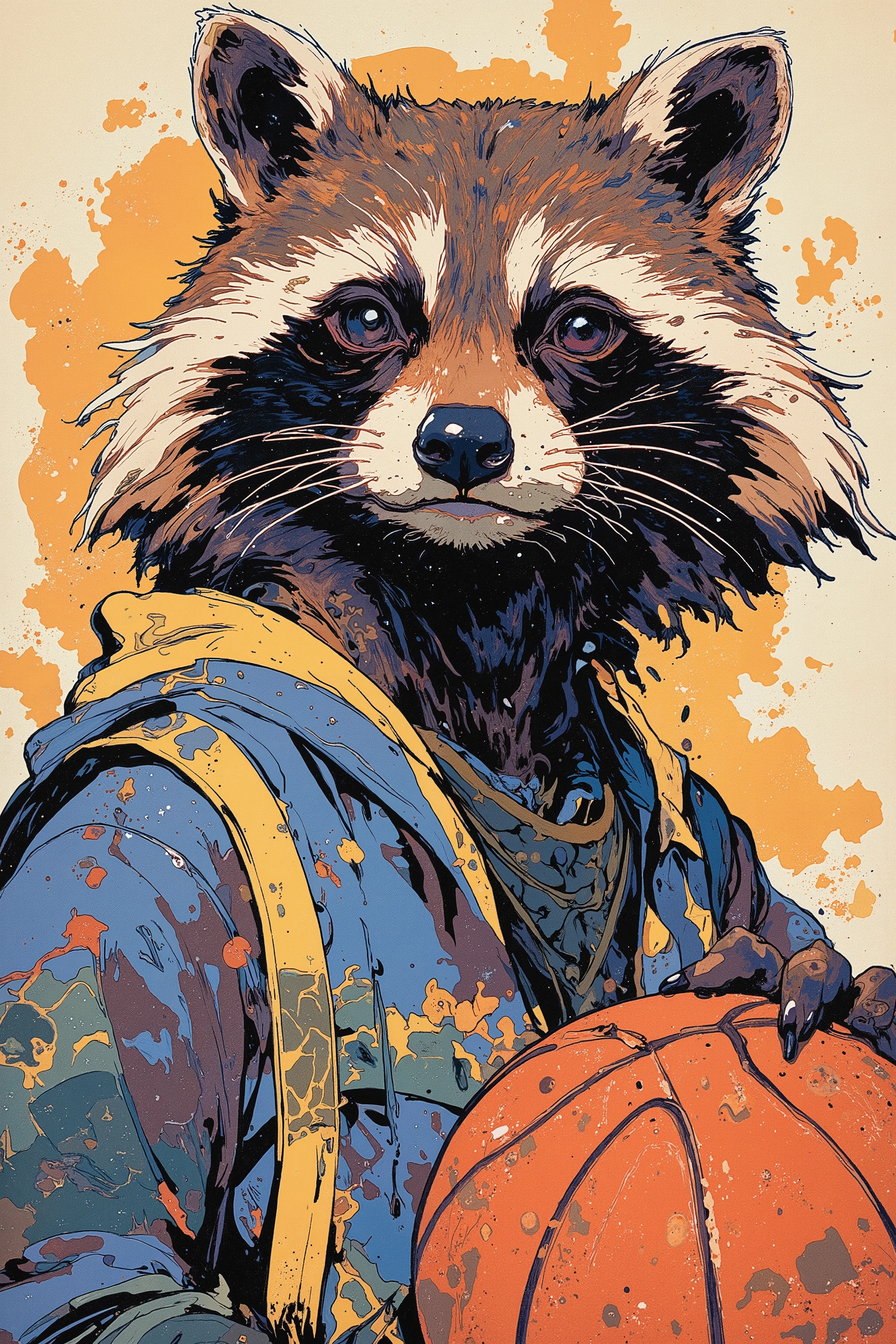 
(((article, "NBA ", Add text"NBA", holographic big font) {x},(best quality)))、(super high image quality)、(Super Detail)、(detailed description)、(Best CG ))、(masterpiece)、ArsMJStyle、(Zen ink wash painting)、raccoon , basketball