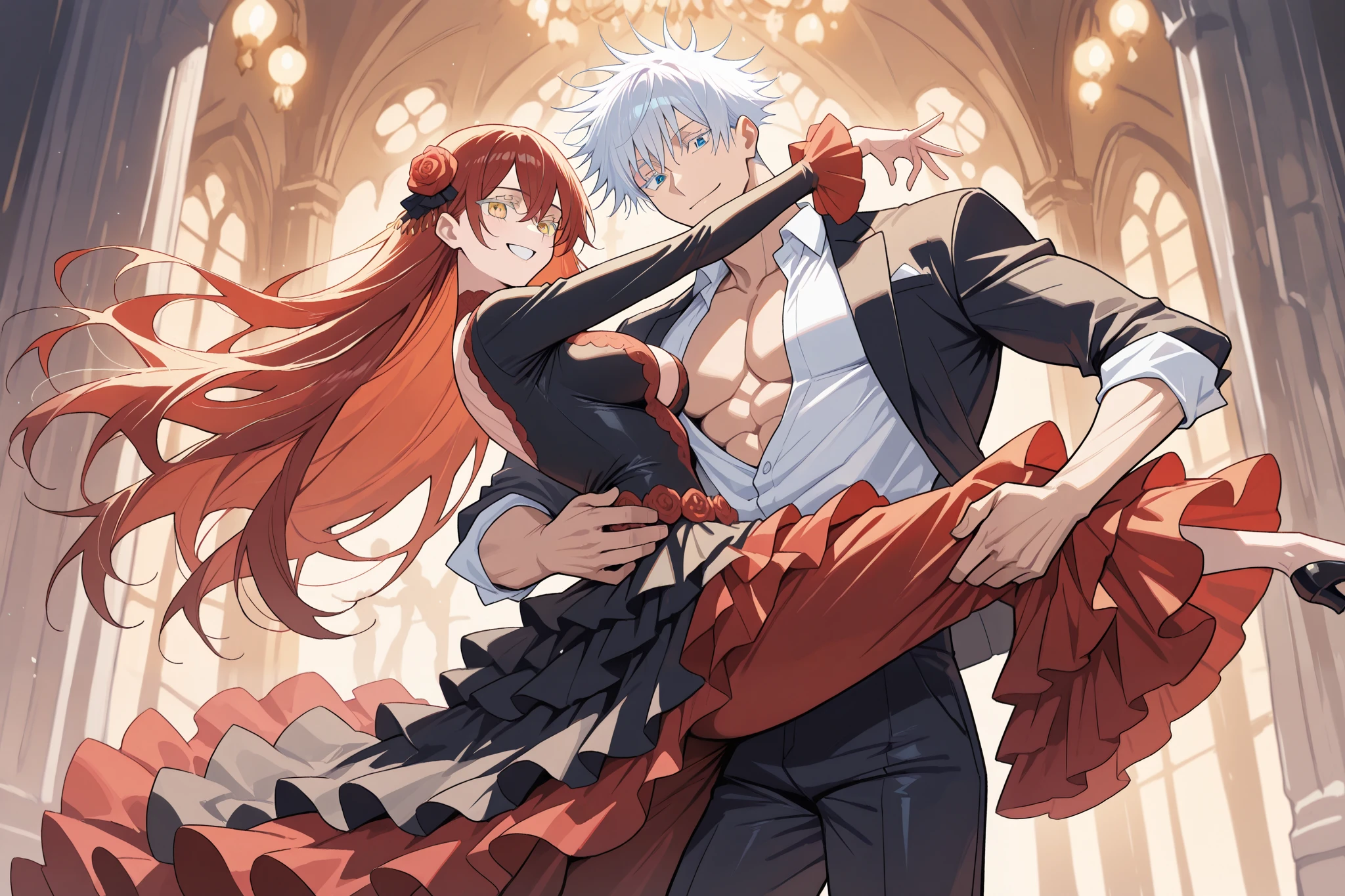 1 man, male focus, Gojo Satoru, Jujutsu Kaisen, white hair, short hair, blue eyes, colored eyelashes, sexy man, handsome, muscular, trained body, black suit, white shirt, open shirt jacket, flamenco outfit BREAK 1 girl, female focus, Ryu Shana, GOLDEN eyes, red hair, very long hair, (medium breasts), very cute, golden eyes, elegant flamenco dancer, black flamenco dress, red rose in hair, hair ornament BREAK duo focus, couple, hetero, smile, happy,(size difference, height difference), romantic, dynamic, flamenco dancer, dancing together, dynamic dance pose BREAK (masterpiece, best quality), best score, best anatomy, ultra detailed, amazing quality, very aesthetic, absurdres, highres, 2024, newest, HDR, 8K, high detail RAW color art, cinematic, cinematic lighting, cinematic shadows, cinematic composition, detailed background, (SuperQuality:1.2), IllusP0s, anime-reference, anime coloring, anime screenscap from jujutsu kaisen