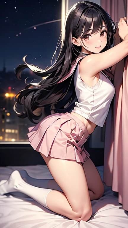 A beautiful girl in a miniskirt looking back at a sunset,, anime girl, embarrassed look, perfect anatomy, ((turtleneck, white miniskirt, white knee socks)), big rounds breasts, (bare chest), dark brown hair, (hair tousled by the wind, messy hair, Broken hairstyle), long bangs, long hair, wavy hair, shiny hair, french braid, magenta ribbon, aqua eyes, (Eye and face details:1.0), (Bokeh:1.1), glowing eyes, pupils sparkling, earrings, smile, blush, glossy lips wonderful face and eyes, (amazingly beautiful girl), my back is turned, showing your butt, Angle from the back, ((The wind flips my skirt:1.3, panties, cute ass), (butt crack:1.4)), focus on the butt, professional lighting, high detail, (super detailed), (Very detailed CG synthesis 8k wallpaper), anime, anime style, cinematic lighting, dithering, image fill, character chart, multiple views, cinematic lighting, vanishing point, perspective, panorama, Wide-Angle, f/1.8, 85mm, Nikon, 8k, super detail, UHD, retina, masterpiece, accurate, anatomically correct, textured skin, high details, best quality, highres, 16k