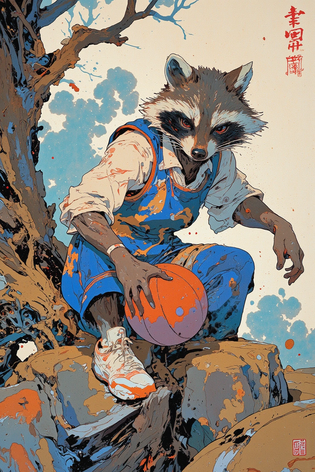 
(((article, "NBA ", Add text"NBA", holographic big font) {x},(best quality)))、(super high image quality)、(Super Detail)、(detailed description)、(Best CG ))、(masterpiece)、ArsMJStyle、(Zen ink wash painting)、raccoon , basketball