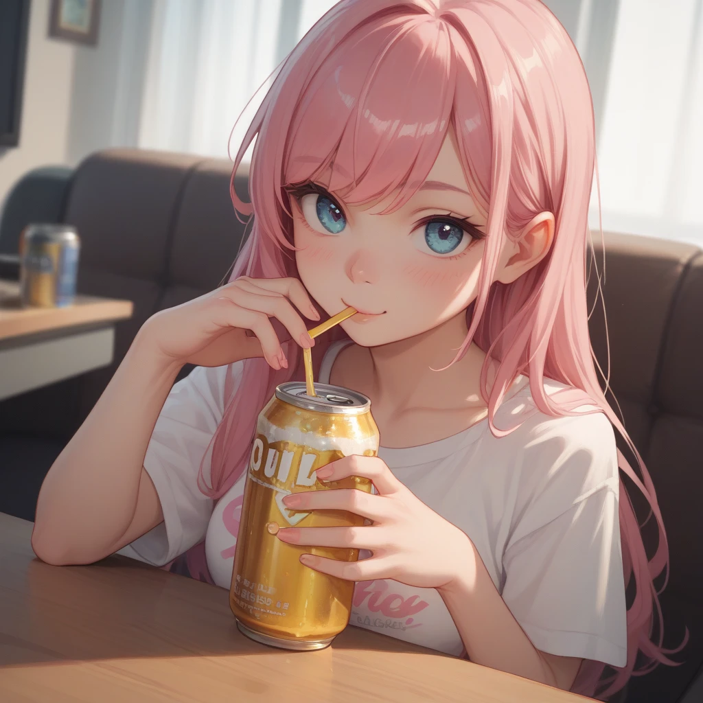 1girl,you work you lose, clothes writing,sitting sofa,beer,indoor,close up,snack,living room,window,sofa,bare legs,miniskirt ,white shirt,AquaXL,laughing,aqua hair<lora:youworkyoulose_XL_v1:0.7> <lora:Aqua_XL:0.8> <lora:XDetail_light:1.3>masterpiece,best quality,realistic