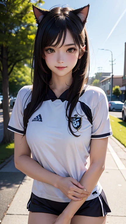 (8K, RAW Photos, Highest quality, masterpiece:1.2), (Realistic, photo-Realistic:1.4), (Highly detailed 8K wallpapers), ((Full Body Shot)), (1 girl), Sharp focus, Depth of written boundary, Cinematic lighting, Soft Light, 緻密な美しさのeye, eye_Chan, Very beautiful 17 year old girl, innocent big eyes, Realistic, photo Realistic, Highly detailed cute girl, (Thin thighs), (Model Body Type), (((manchester united soccer jersey))), ((Micro Mini Pleated Skirt)), (((Fold your arms in front of your chest and act arrogantly))), ((A happy smile)), Parted lips, Watching the audience, (On the streets of Britain) , (Brown Hair),(Long Bob Hair), (Asymmetrical bangs)