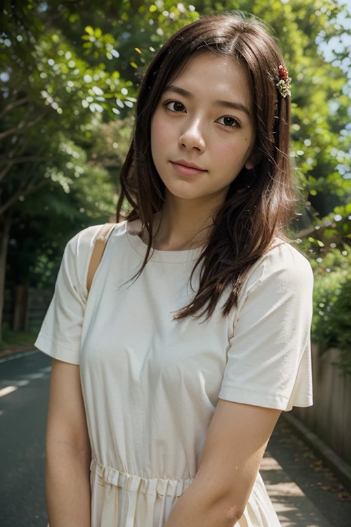 T-shirt,tattered clothes,spread legs,cleavage between breasts,plump body,cute face,beautiful face,drooping eyes,double eyelid,trembling,scared face,medium hair,peer in from below,evening,rain,forest,mysterious,high quality,photorealistic,japanese,beautiful woman,gravure,fashionable