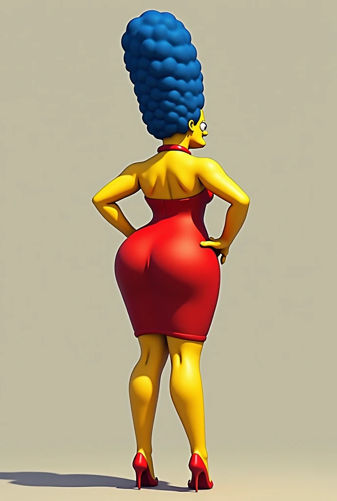 Marge Simpson open mouth pink  lips face white earring round black dot eyes yellow skin  FROM BEHIND nike white compression shirt slime blue brows thin leggings rubber skintight form-fitting outline too tight hugging tights cuff inflate bubble round scrunch lumbar lordosis intergluteal cleft buttcrack visible pantyline pantie hipdip hipline wedgie