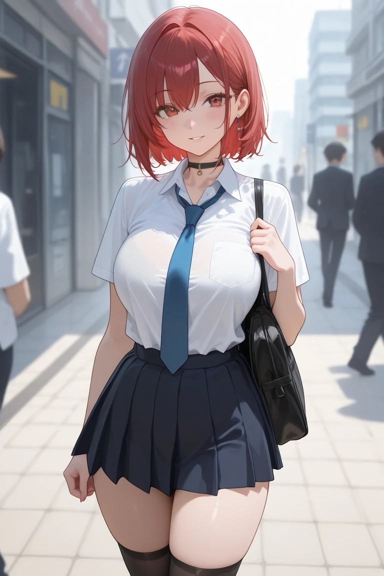 Big breasts, red hair, blue eyes, droopy eyes, red jacket, long sleeves, navy skirt, elementary school student, super big breasts, (medium hair: 1), baggy clothes, elementary school student, young face, short height, 10 years old, shy, shy, park, trying to unbutton his shirt, white shirt, soft hair,,,