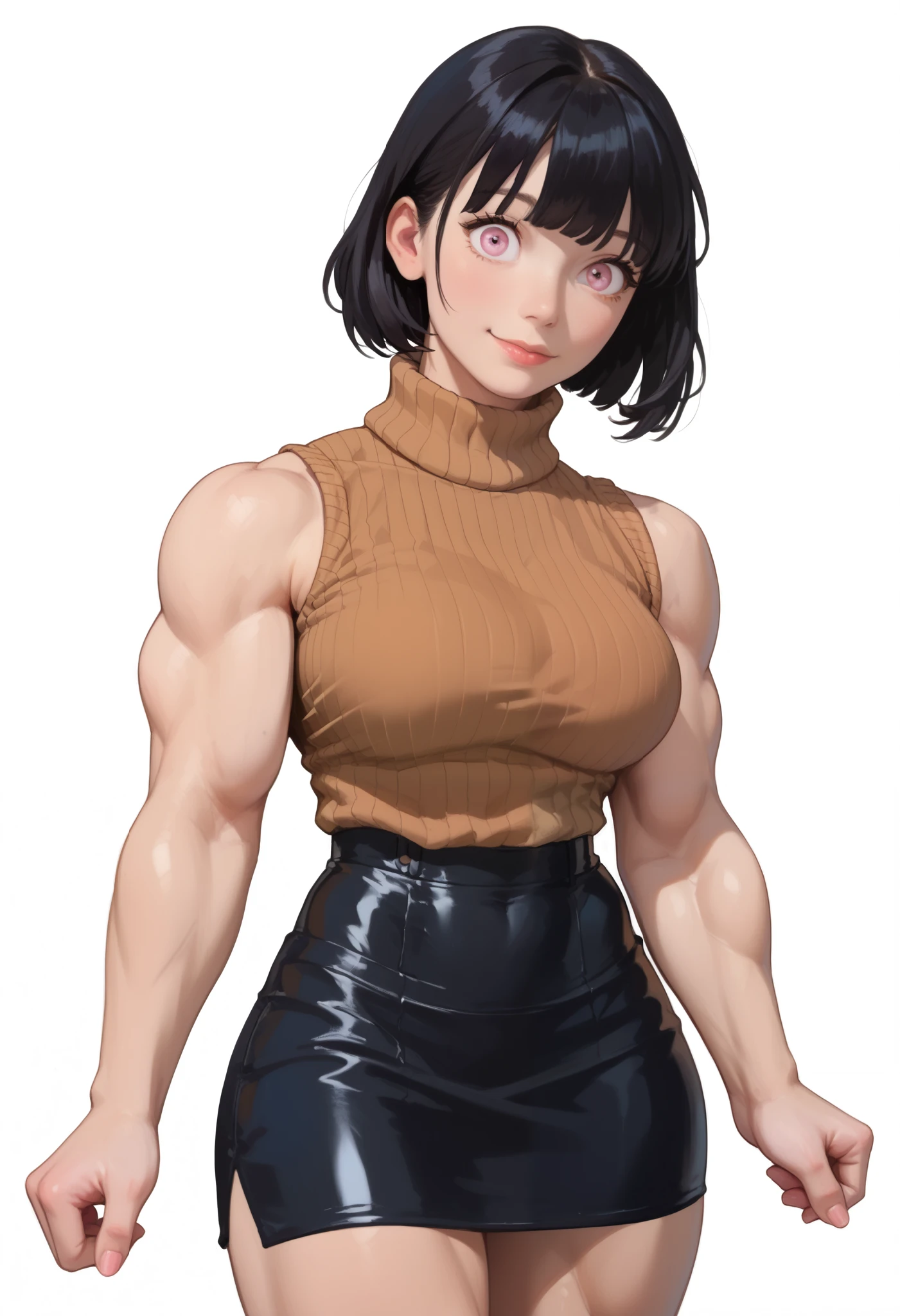 Full body image of a female version of Toji Fushiguro from Jujutsu Kaisen, full body in image, wearing his original outfit (black sleeveless shirt and pants), short dark hair, female body, muscular and tall body, dynamic pose, detailed pose, simple background, expressive face showing intensity, focus on face, line art, sketch