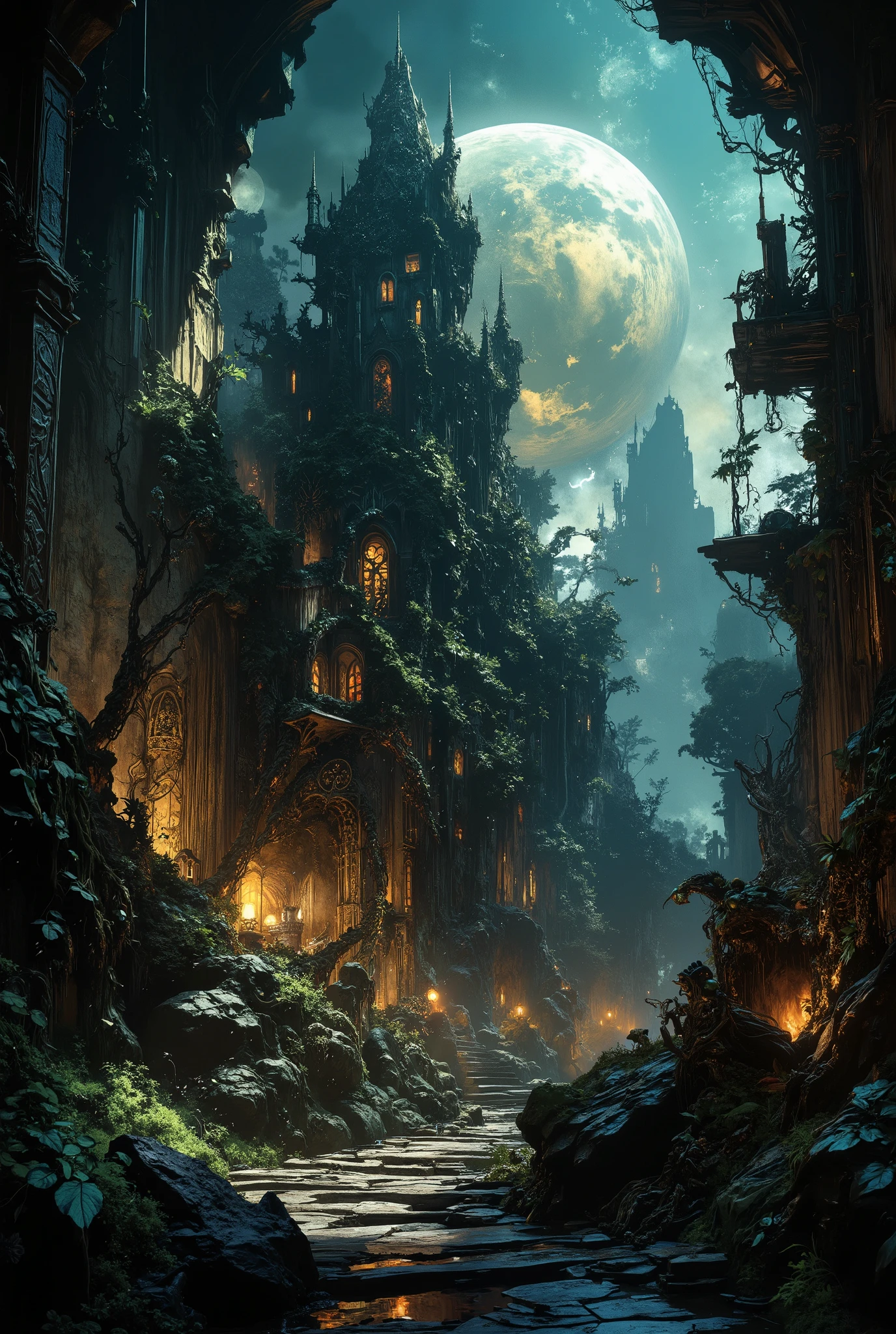 A beautiful gloomy and sinister necromancer's castle, overgrown with wild black roses and full of undead servants and monsters, huge full moon on the background, in the distance a wild dense bushy forest, night, fantasy, landscape, high resolution ,gothic dark romantic atmosphere, dark tones, wallpaper, high detail, dramatic, dark fantasy