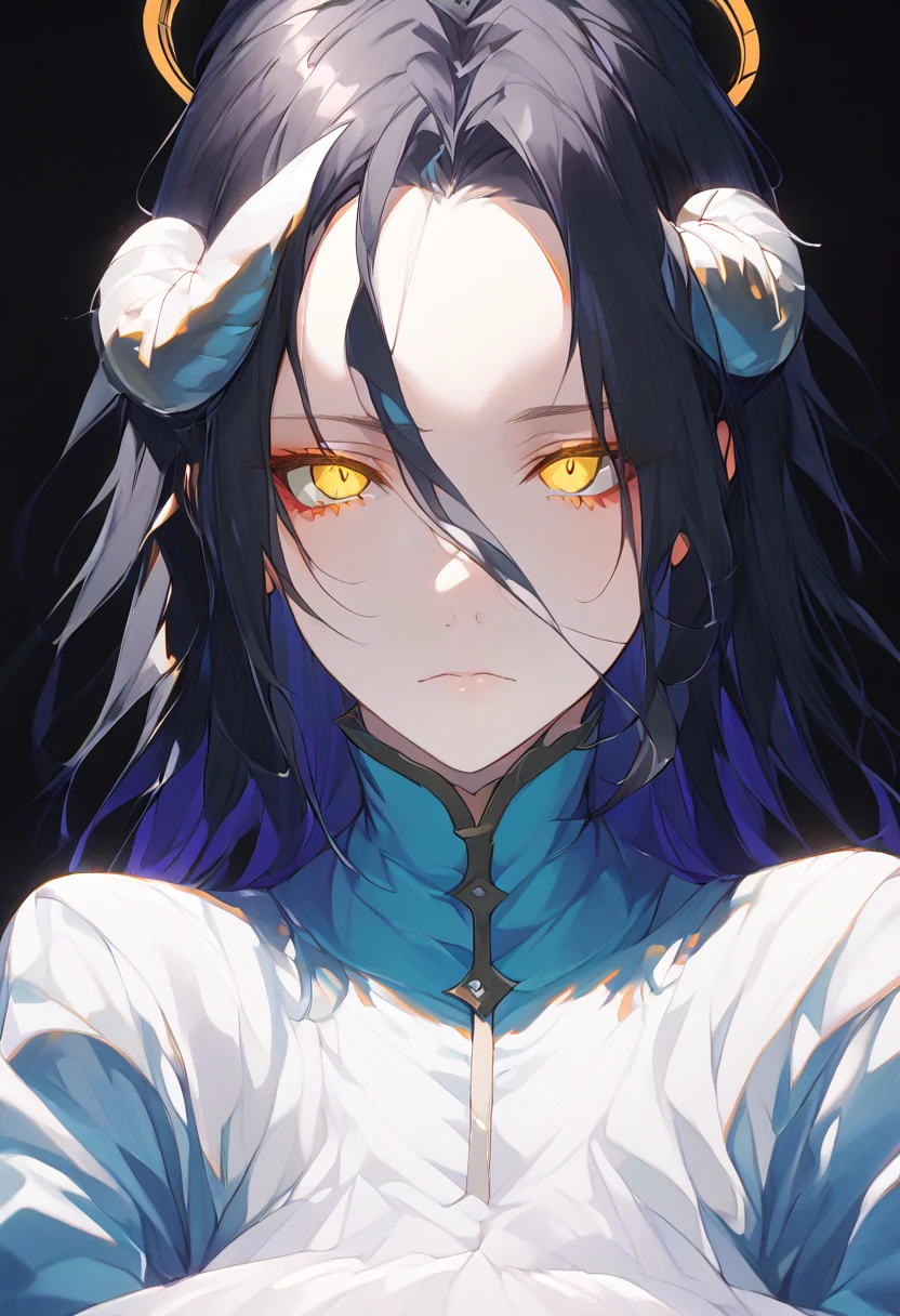 Girl with orange eyes and black hair looking to the side. 1 person,She has long black hair . She has orange eyes、Has a serious expression。.