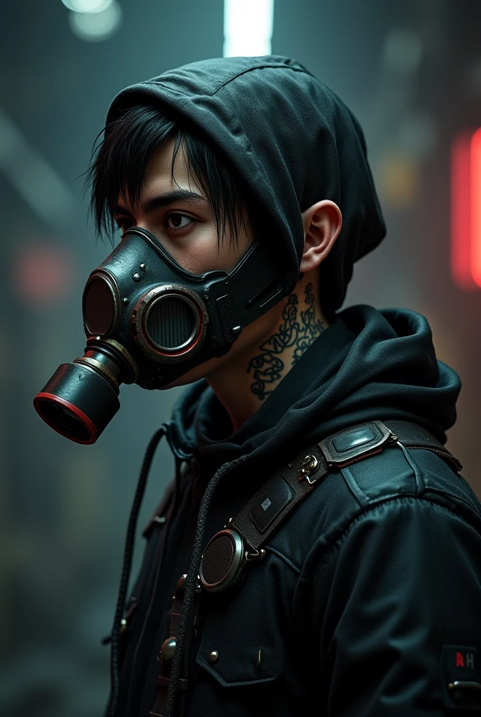 best quality, 8K, Dim and poorly visible lighting, ((Dusty, worn-out, dark underground abandoned tunnel)), A close-up of a man with black hair wearing a gas mask, in the style of Tsutomu Nihei's world.