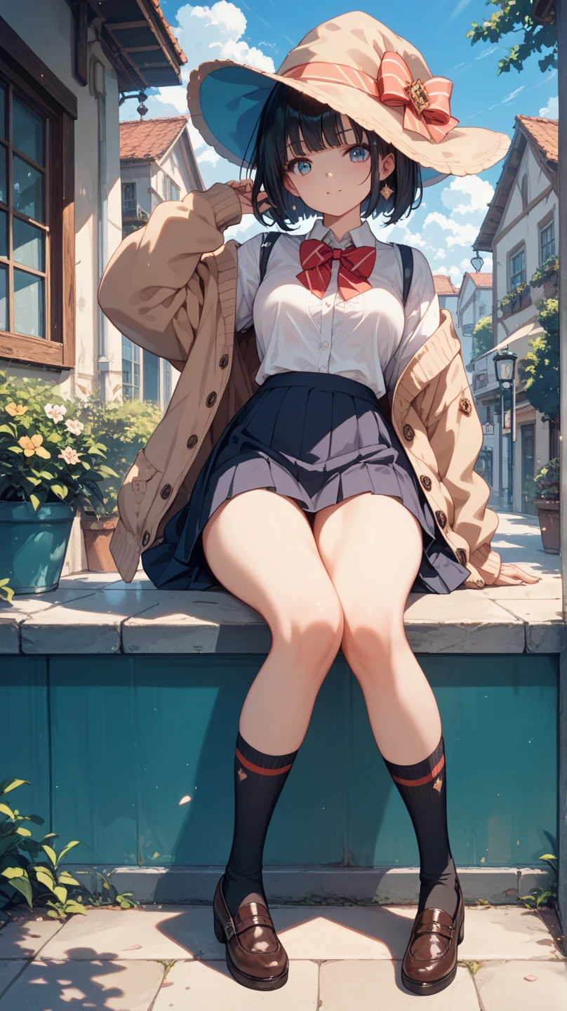 Hi-Res、masterpiece、Brown hair、Soio、Female one、hi-school girl、a park、Colored leaves、sitting on、细致背景、A detailed eye、((Brown-eyed)),Beautiful and perfect legs, Clean and perfect hands
