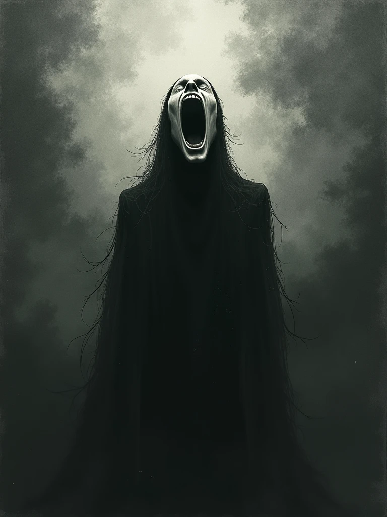 bs, solo, simple background, monochrome, upper body, greyscale, bodysuit, black background, 1other, monster, arms at sides, horror (theme), alien