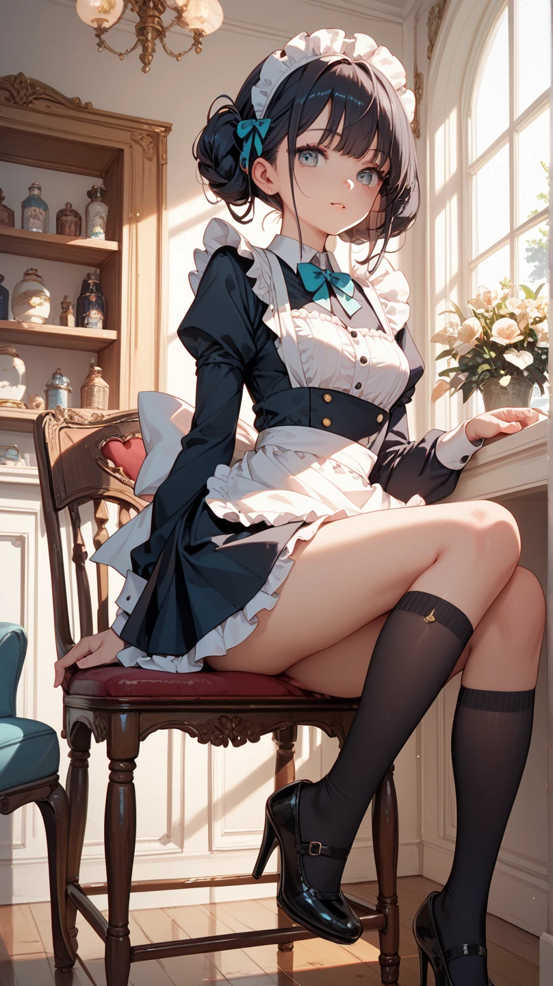 (surreal)、(High resolution)、(8k)、(Very detailed)、(Best illustrations)、(Beautiful and detailed eyes:1.0)、Highest quality:1.0,maid,Knee-high socks,Absolute area,Natural Lip,Blonde Short Hair、She is about to change into maid clothes