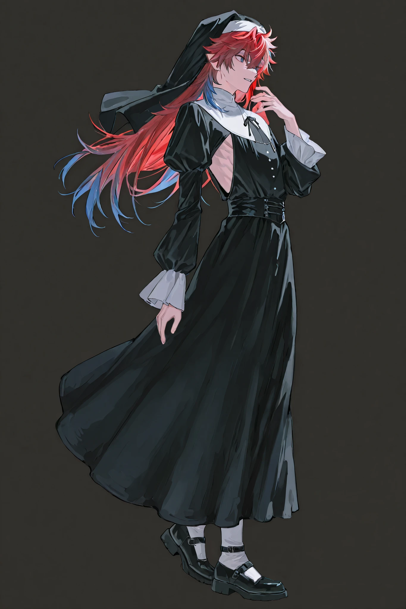 1male,handsome,top quality,high quality,masterpiece,beautiful young man, lean, 6 foot tall, nun outfit, side boob, vampire, detailed face, Gothic, ta fashion, simple background, long hair, multi colored hair