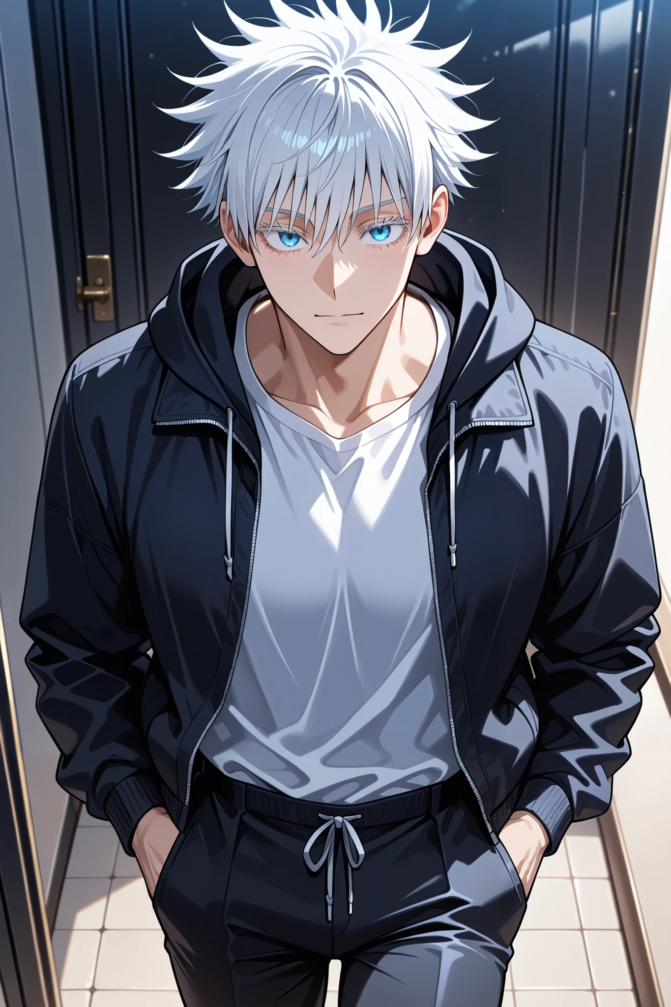 1 male, high resolution 8k, young, handsome, perfect face detail, detailed eyes and face, clean shaved, sixpack realistic, white eyebrow hair, white eyelashes, dynamic lighting, unreal engine, hd picture, satoru gojo, Jujutsu kaisen, white hair, short hair ,hair between eyes ,blue eyes, white skin, fox ears, fox tail, Jacket