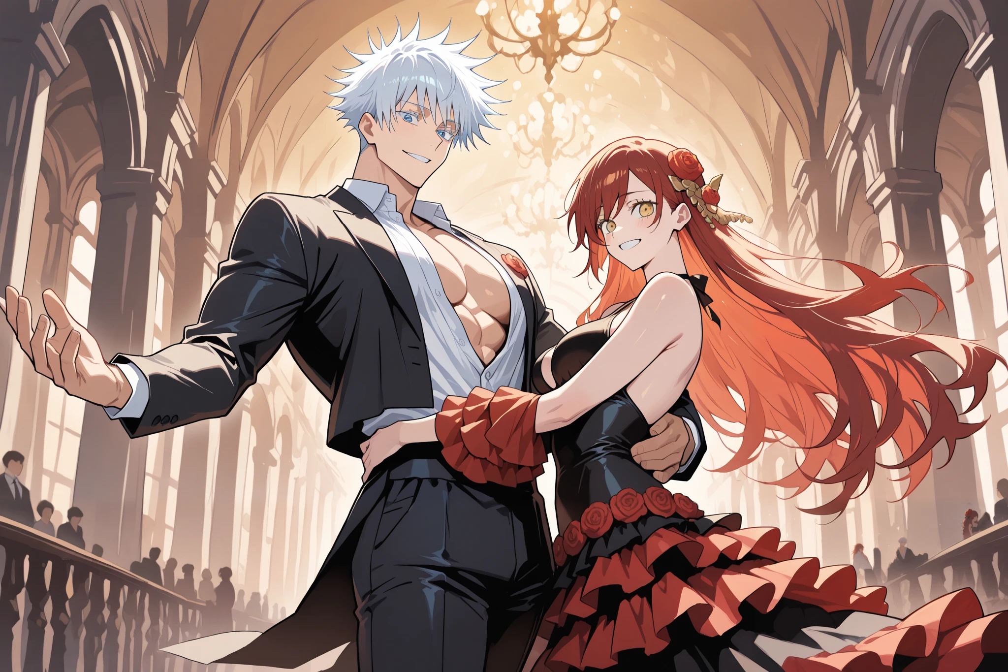 1 man, male focus, Gojo Satoru, Jujutsu Kaisen, white hair, short hair, blue eyes, colored eyelashes, sexy man, handsome, muscular, trained body, black suit, white shirt, open shirt jacket, flamenco outfit BREAK 1 girl, female focus, Ryu Shana, GOLDEN eyes, red hair, very long hair, (medium breasts), very cute, golden eyes, elegant flamenco dancer, black flamenco dress, red rose in hair, hair ornament BREAK duo focus, couple, hetero, smile, happy,(size difference, height difference), romantic, dynamic, flamenco dancer, dancing together, dynamic dance pose BREAK (masterpiece, best quality), best score, best anatomy, ultra detailed, amazing quality, very aesthetic, absurdres, highres, 2024, newest, HDR, 8K, high detail RAW color art, cinematic, cinematic lighting, cinematic shadows, cinematic composition, detailed background, (SuperQuality:1.2), anime-reference, anime coloring, anime screenscap from jujutsu kaisen