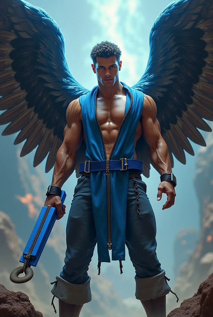 Black Fairy Beautiful Male Black Man with Blue and Orange Details, Large Wings, Forest in the Background, Vibrant Colors, Full Body, Detailed Face, Detailed Hands, Detailed Legs, Detailed Fingers, Detailed Hair, Detailed Eyes, Detailed Skin, Lush Vegetation Blurred Background, Vibrant Colors, Lush Light, Soft Light, Sunset Light, Smooth Light, Symmetrical, Full Body, Reflections, HDR Dynamic Lighting, 8K Resolution, cinematic film, smooth, sharp focus, realistic, strobe light beams, ((blurred background)):1.7, (((depth of field)) ):1.8, cinestill 800t 35mm, high quality, heavy grain, high detail, cinematic composition, dramatic light, anamorphic, ultra wide lens, hyperrealistic --auto
