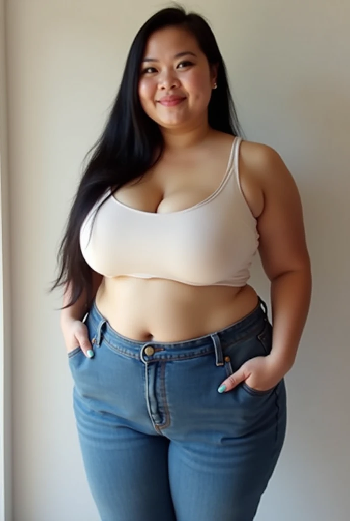 Chubby filipina wearing shorts doing selfie in front of the mirror