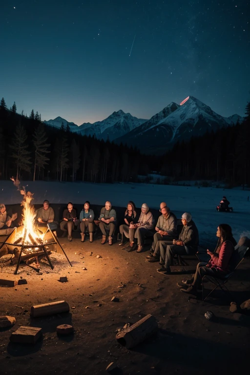 Wise old man sitting in front of a campfire surrounded by young people