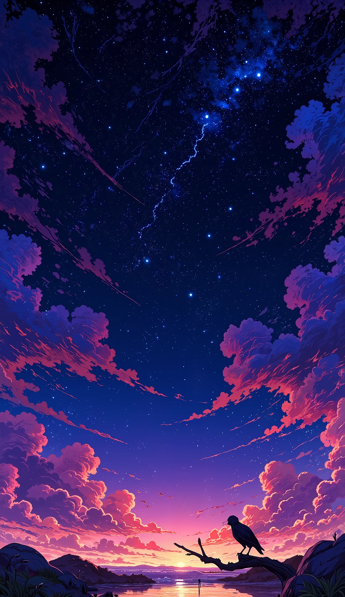 A breathtaking 8K resolution anime-style fantasy scenery. Set against a deep, star-filled night sky, a solitary bird perches on a gnarled branch, its back turned, gazing upward in silence. The bird and branch are completely shrouded in darkness, forming a crisp silhouette that contrasts against the celestial backdrop.
The sky is a vast expanse of pure night, with no clouds or sunlight—only the infinite darkness of space, scattered with countless stars and glowing streaks of cosmic dust. A subtle violet-blue hue weaves through the starlight, adding depth and wonder to the scene.
There is no motion, no sound—only the quiet weight of the moment. The bird, small and still, is dwarfed by the enormity of the sky, as if witnessing something eternal.
The contrast between the black silhouette in the foreground and the brilliant, detailed night sky creates a mood of quiet awe, isolation, and cosmic mystery.
Rendered in ultra-detailed pixel art, this scene captures the beauty of solitude beneath the endless stars.
