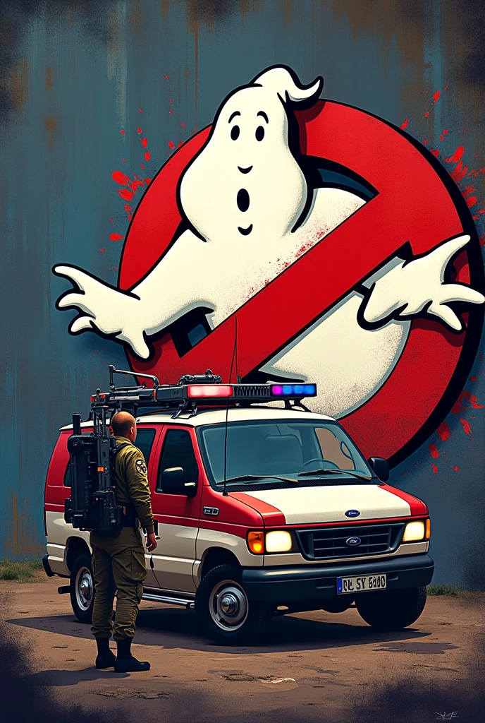 <lora:Churchill_Tank_SDXL_v2:0.7> movie poster. the ghostbusters have exchanged their car for a chrchltnk tank and are now driving with it through new york city, tank painted white with a big ghostbusters logo on it. The text "Who do you call?" in bold letters as slogon in the upper frame of the image.
