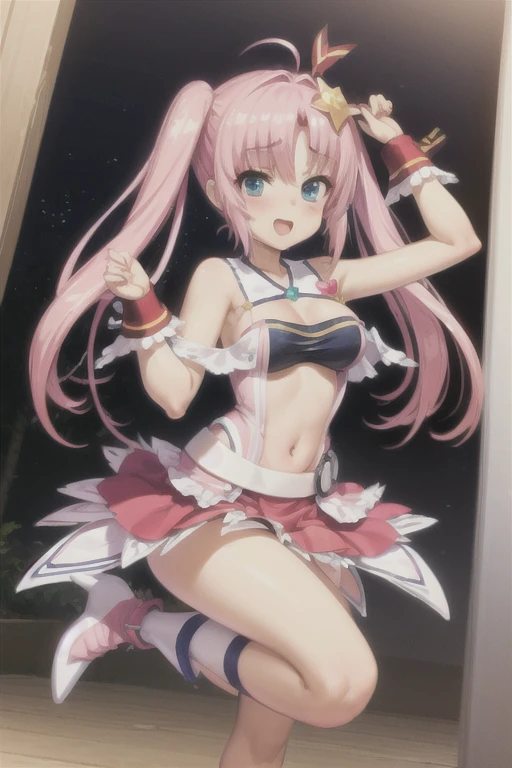 Himari Meimei, masterpiece, Voluptuous thighs, petit body, little young girl, flat chest, {1 Girl}, Cute and erotic smile, Highly detailed sparkling blue eyes, summer night, 困り眉, brilliant pink hair, lying on beach bed, completely nude, nsfw, spread legs wide, showing off childish pink vagina