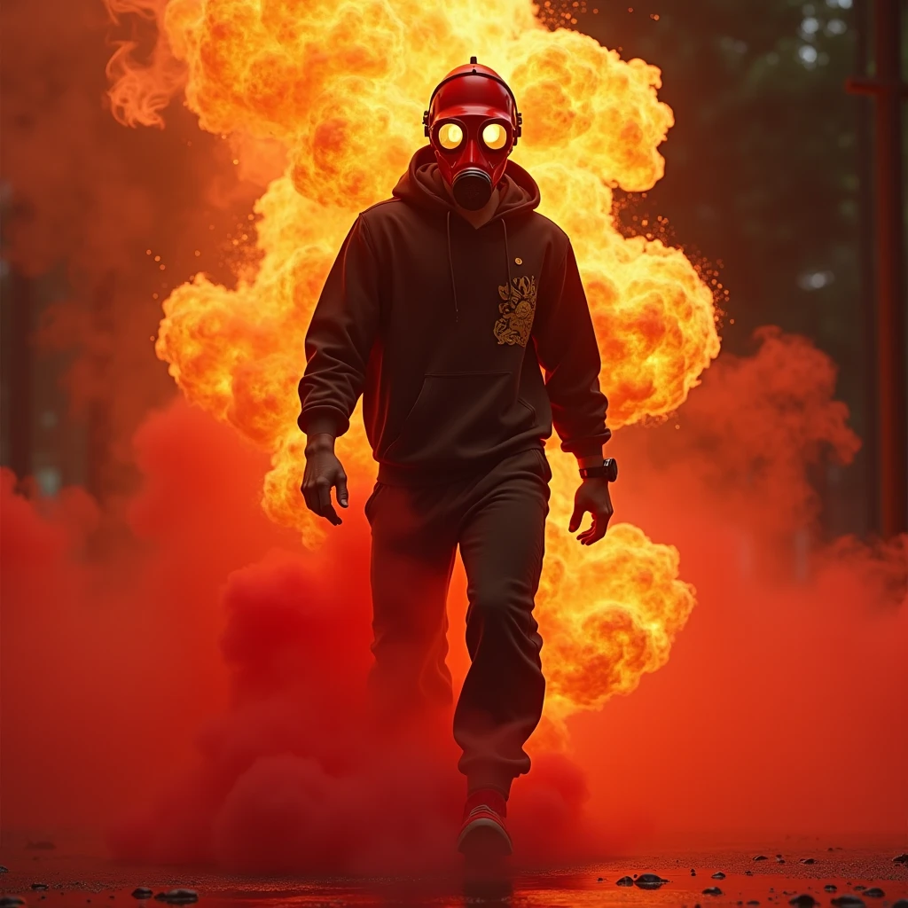 1 tall skinny male, furry White bloody rabbit mask with creepy smile and yellow bloody teeth, pouring big red gasoline can on fire, completely Black hoodie, ethereal, detailed, masterpiece, best quality, dramatic lighting, full body, side camera, torn Black pants, blood stains, massacre in the background, horror, creepy