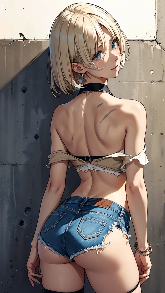 (Superflat, Flat Shading, flat-colors:1.1)、(Magazine Cover)、Illustrations、(Beautiful platinum blonde hair、short-hair、American boyish girl)、crotch open、Smiling、Draw so that the crotch cloth of the beige underwear is visible.、Skirt flipping、((Torn and tattered denim skirt、Beige panties))、Choker、When I look through the viewfinder、A bracelet、Thigh strap、Body Painting、Head tilt、8K resolution、intricate clothing、Intricate details、1girll、Solo、a blond、Standing、Cowboy Shot、Arms at sides、a miniskirt、Detailed panties、((from behind、hindquarters、heart cutout、hip incision))、Volumetric lighting、Soft light、Bright、neons、Vibrant colors、watercolor paiting、