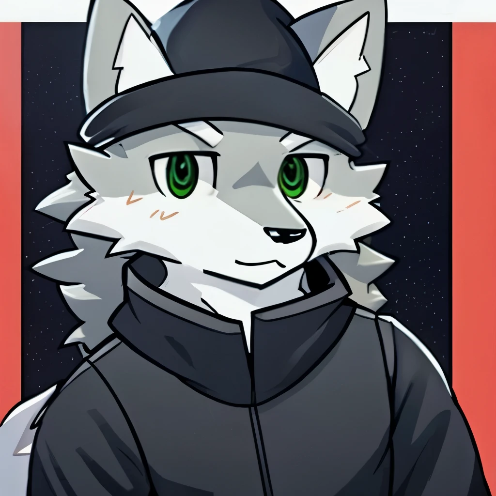 Personality 、many people、Fr、、man、 white fur 、black jacket with winter hat、 with green eyes、wolf、ذيل الwolf、clarification、Black pants