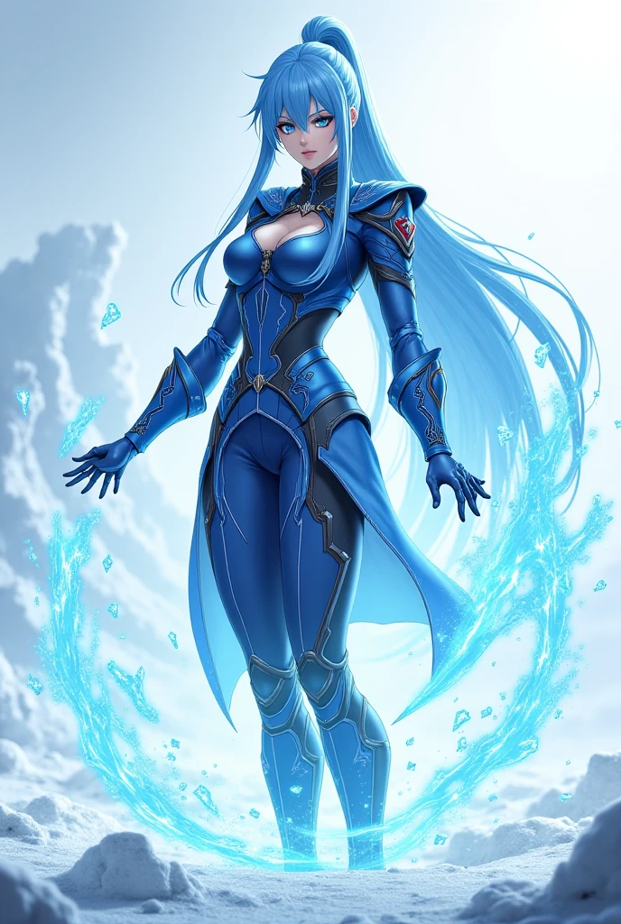 DunaNichs, 1girl, solo, pointy ears, colored skin, blue skin, casting water magic, full body, beautiful eyes, ornately detailed, (cropped), she is standing on the edge of a cliff as she commands the waves of the sea below, (8K Unity wallpaper), fine details, award-winning image, highly detailed, 16k <lora:dunaNichsFossil_v1:0.9>