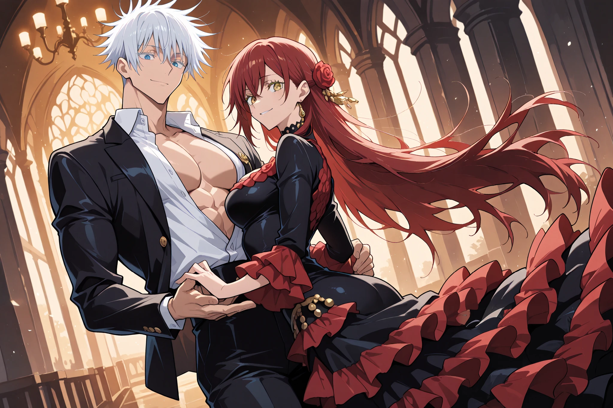 1 man, male focus, Gojo Satoru, Jujutsu Kaisen, white hair, short hair, blue eyes, colored eyelashes, sexy man, handsome, muscular, trained body, black suit, white shirt, open shirt jacket, flamenco outfit BREAK 1 girl, female focus, Ryu Shana, GOLDEN eyes, red hair, very long hair, (medium breasts), very cute, golden eyes, elegant flamenco dancer, black flamenco dress, red rose in hair, hair ornament BREAK duo focus, couple, hetero, smile, happy,(size difference, height difference), romantic, dynamic, flamenco dancer, dancing together, dynamic dance pose BREAK (masterpiece, best quality), best score, best anatomy, ultra detailed, amazing quality, very aesthetic, absurdres, highres, 2024, newest, HDR, 8K, high detail RAW color art, cinematic, cinematic lighting, cinematic shadows, cinematic composition, detailed background, (SuperQuality:1.2), anime-reference, anime coloring, anime screenscap from jujutsu kaisen