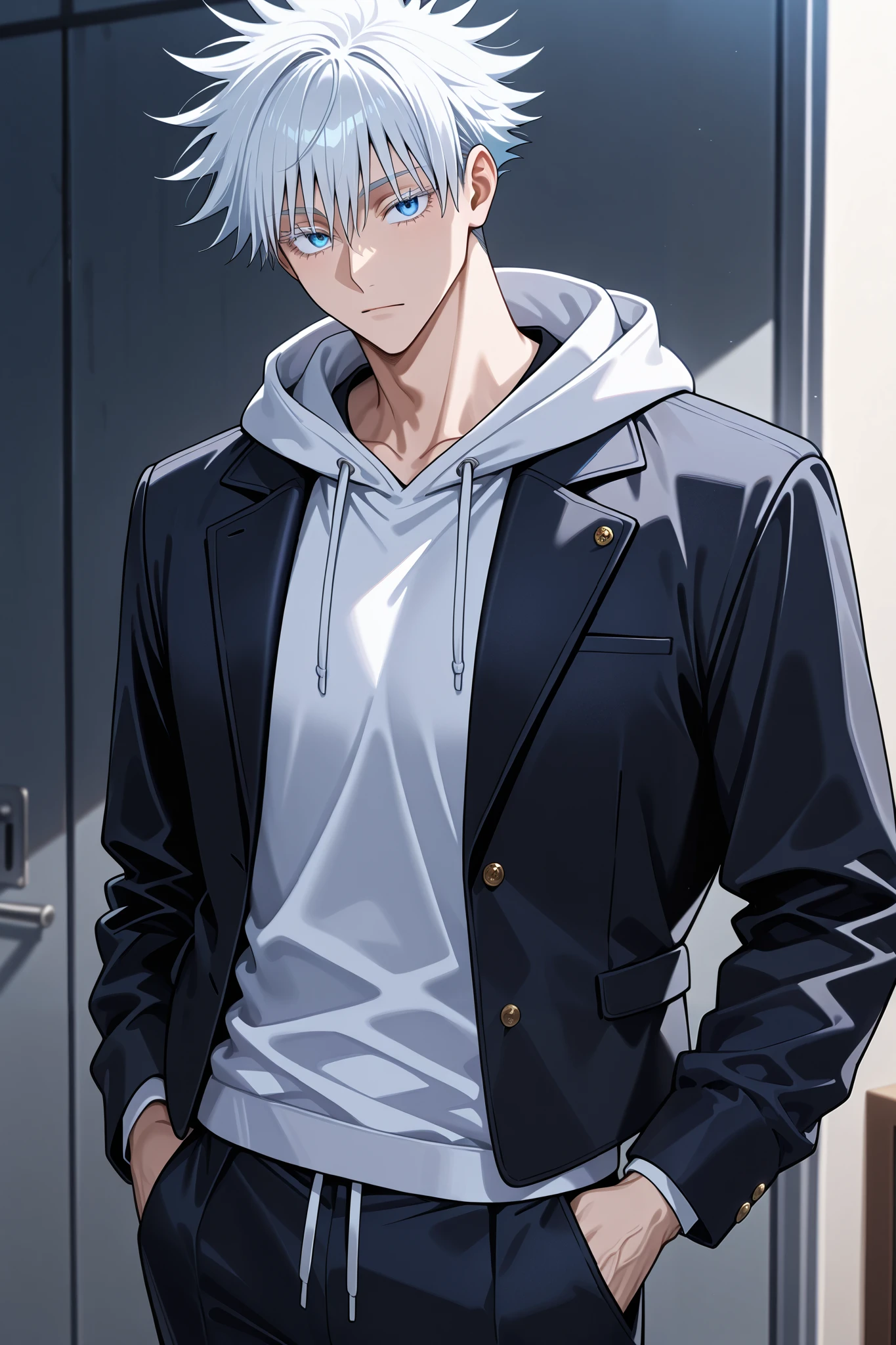 (masterpiece), (highest quality), (very detailed 1 man , adult, male focus , gojou satoru /(jujutsu kaisen/) , colored eyeshes , blue eyes , shiny blue eyes, white hair , sexy man , handsome , muscular, trained body, high fashion, hoodie with a black jacket, black pants, white shirt, anime coloring, anime screenshot of jujutsu kaisen,