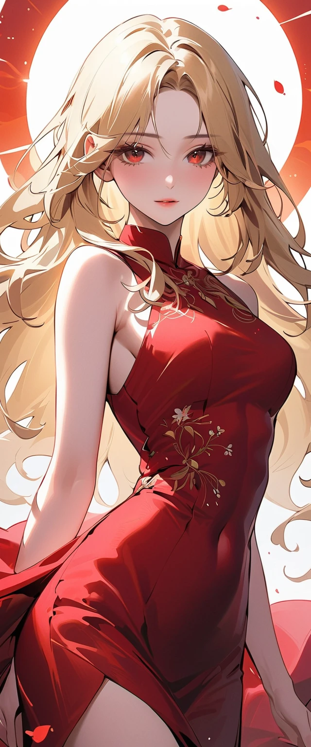 (masterpiece, top quality, best quality, official art, beautiful and aesthetic:1.2), young (1girl:1.3), (wearing torn red dress:1.3), (blonde:1.3) hair, long hair, (colorful eyes:1.3), extremely detailed, colorful, (highly detailed CG illustration), (looking at viewer), cinematic light, solo, half body, (character focus), ),Cath, extravagant makeup, full lips, sexy pose, clothes ASIDE , used condoms, partially naked, shiny skin, red lingerie