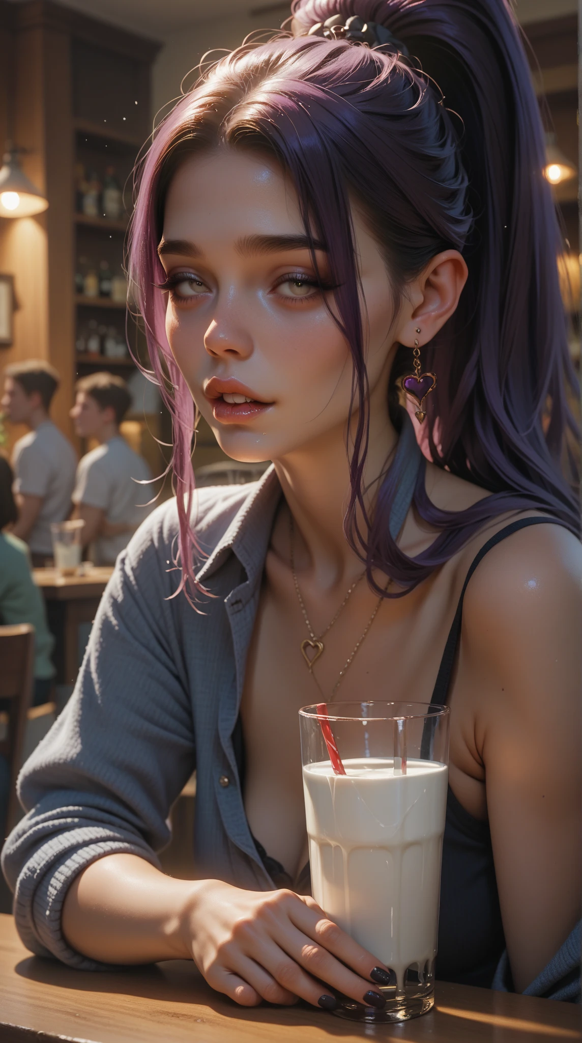 there is a woman with purple hair holding a cup of coffee, mysterious coffee shop girl, realistic artstyle, drinking coffee, photorealistic artstyle, realistic digital illustration, realistic fantasy render, drinking a coffee, realistic art style, realistic digital art 4k, realistic digital art 4 k, semi - realistic render, photorealistic anime girl render, realistic anime 3 d style