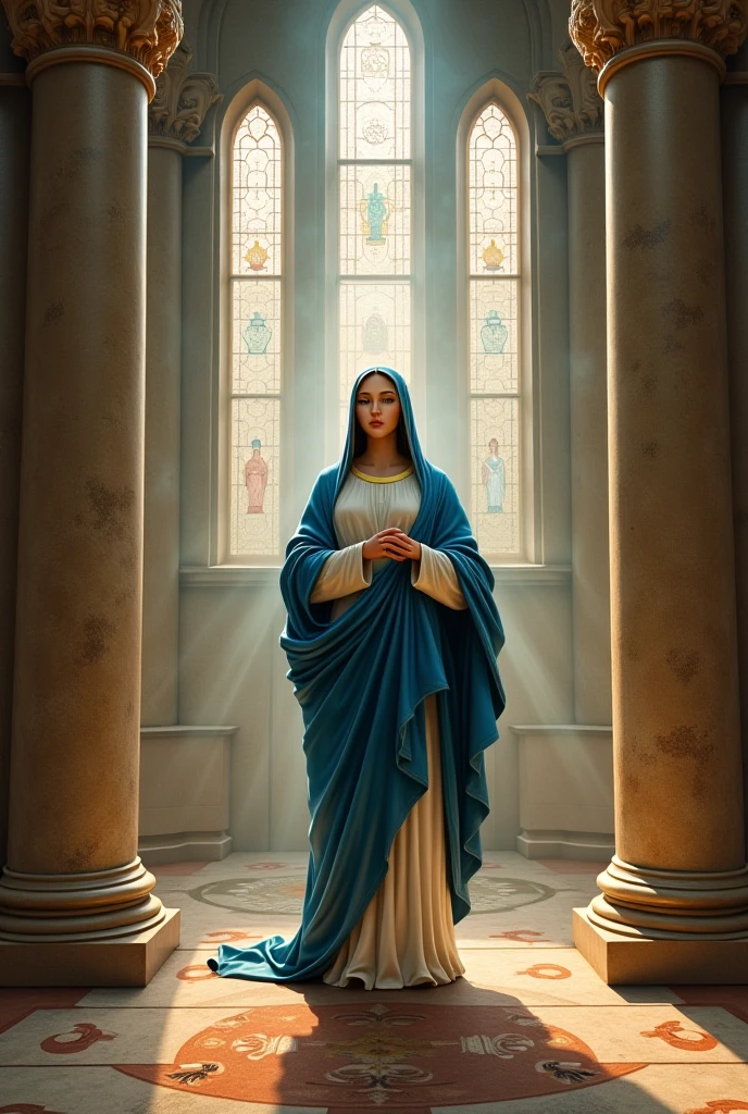 Beautiful Virgin Mary, whole body, A reddish-beige tunic with a pale blue cloak and veil, Inside the church, night, Stained glass in the background, Cinematic proof