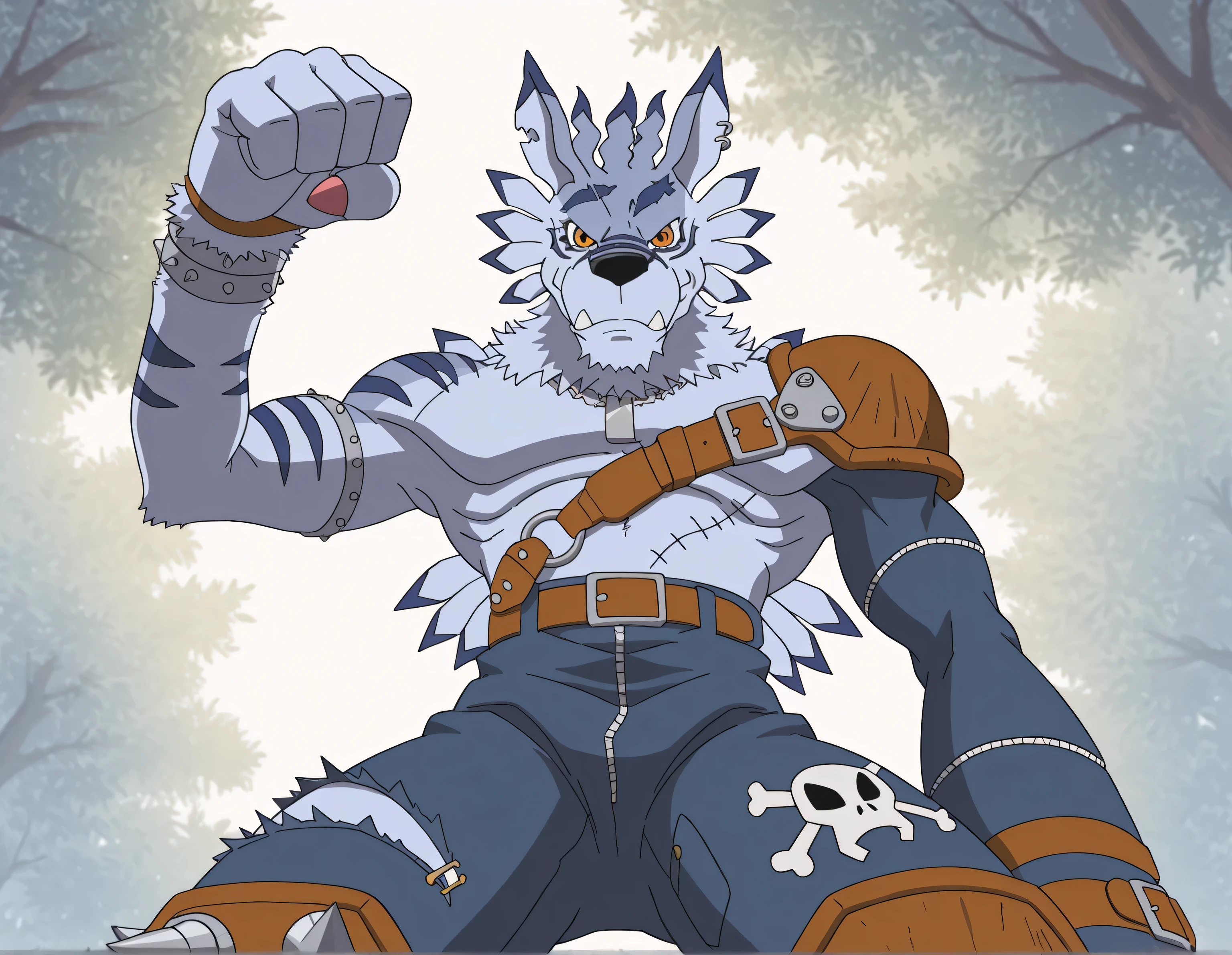 weregarurumon, weregmonil, ripped blue jeans with a spiked knee-pad on the right leg, a leather pauldron on left shoulder, blue arm sleeve on left arm, dog_tag, silver armbands right arm, anthro, male, wolf, light blue fur, orange eyes, dark blue stripes, solo, simple background, high quality, score_9_up, score_8_up, looking at viewer, half body, looking at viewer, low_angle shot, from below, forest, blocking the sun, backlight, strong sunlight, strong shading