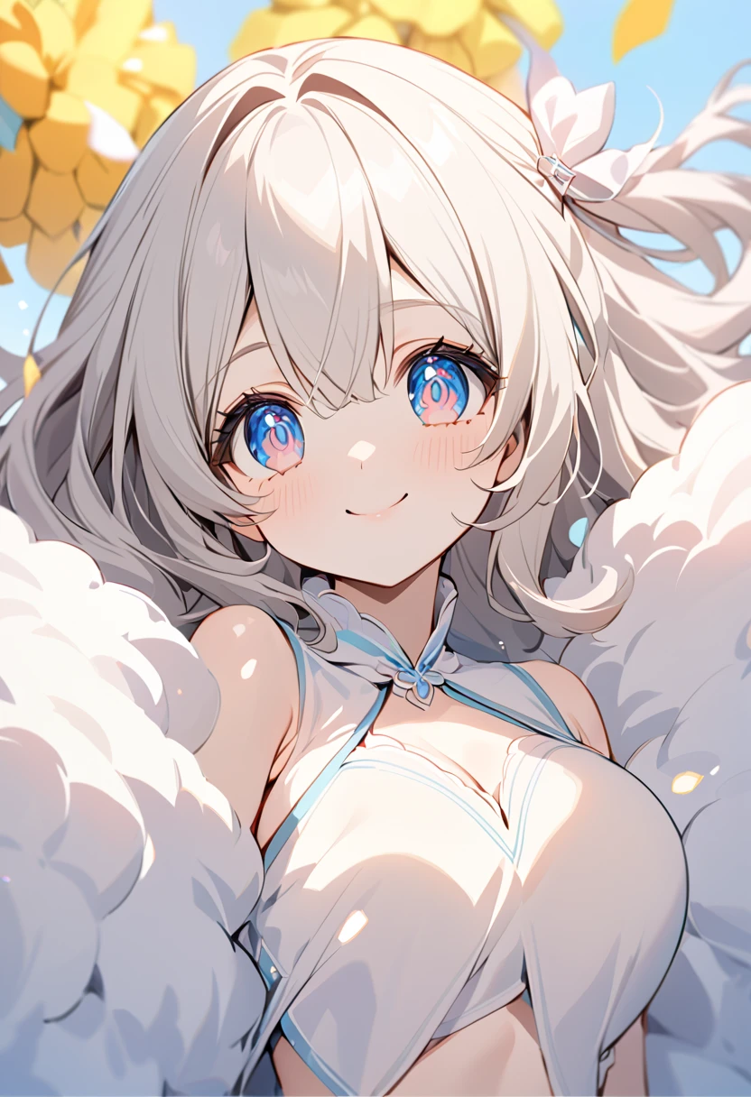 beautiful, masterpiece, Highest quality, anime, One girl, C Cup,Portrait Shot, View your viewers, Intricate details,>,((Covered、Short Hair、nearby、Blue Eyes、art、、White hair,Blue streaked hair、wallpaper、、hairpin、smile、Angel、Nipples、Thighs、Wolf_tail、white_liquid、masturbation、touch pussy、silk_whiteニーハイ、silk_whiteグローブ