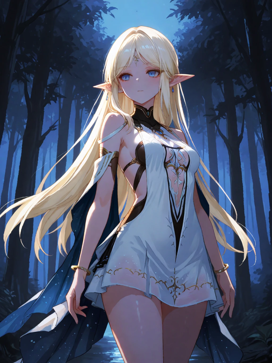 ((masterpiece,best quality anime,Highest quality:1.3)),realistic,cowboy shot,(Mature Beauty),1 Dark Elf woman、独奏,((very small head:1.3)),ideal ratio body proportions,(tan skin,elf ear),blonde hair,bangs,straight long hair,gorgeous big eyes,Blue eyes,blush,(White dress、mini skirt、black_thighhighs)((slender body,skinny,toned body)),medium breasts,naked,gleaming skin,shiny skin,standing,on street,forest、Trees、Fantasy World、