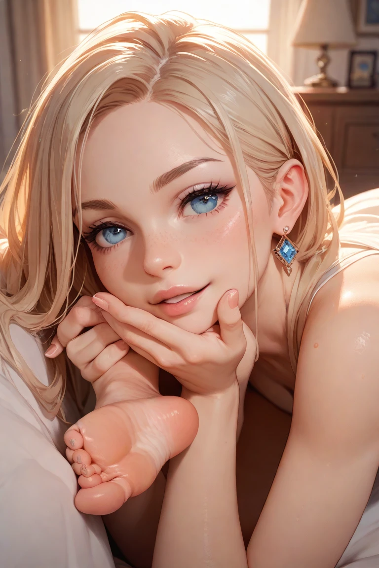 1girl, solo, looking at viewer, makeup, mid day, (realistic:1.2), (realism), (masterpiece:1.2), (best quality), (ultra detailed), (8k, 4k, intricate),(full-body-shot:1), (85mm), lighting, (highly detailed:1.2),(detailed face:1.2), (gradients), sfw, colorful,(detailed eyes:1.2)(detailed background),detailed, (dynamic angle:1.2), (dynamic pose:1.2), (rule of third_composition:1.3), (Line of action:1.2). Beautiful woman, bedroom background, wearing black night gown, blue eyes, blond hair, squatting, large breasts