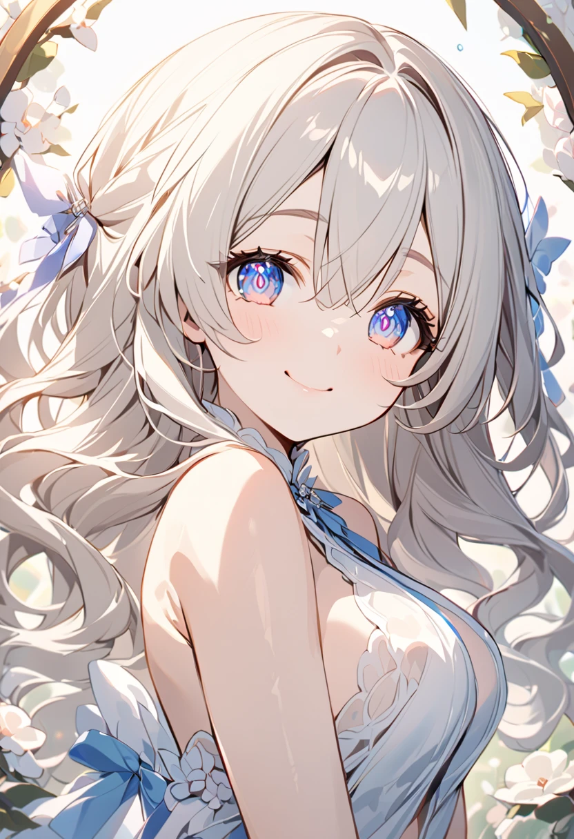 beautiful girl, long grey hair, beautiful face,smiling,close up to hips, beautiful breast, in the middle of flowers field, wearing beautiful wedding dress, (open mouth:0.4),illustration,detailed textures(realists),ultra-detailed,portrait style,vivid colors,soft lighting, blushing, mature, hair fluttering, evening light , head band, cleavages , no bras, side profile 