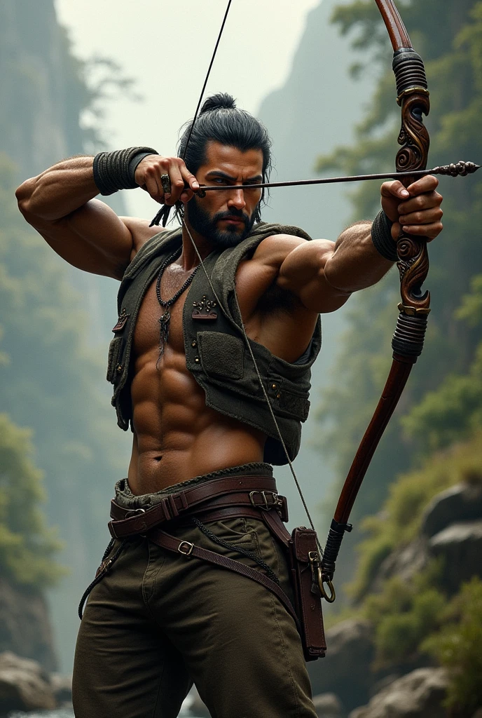 a muscular archer warrior version of goku, tribal warrior, tribal tattoos, tribal armor, tribal facial markings, detailed facial features, penetrating gaze, drawing bow, arrow flying through the air, rugged terrain, lush jungle environment, dramatic lighting, cinematic composition, epic fantasy art, digital painting, highly detailed, hyper realistic, 8k, photorealistic