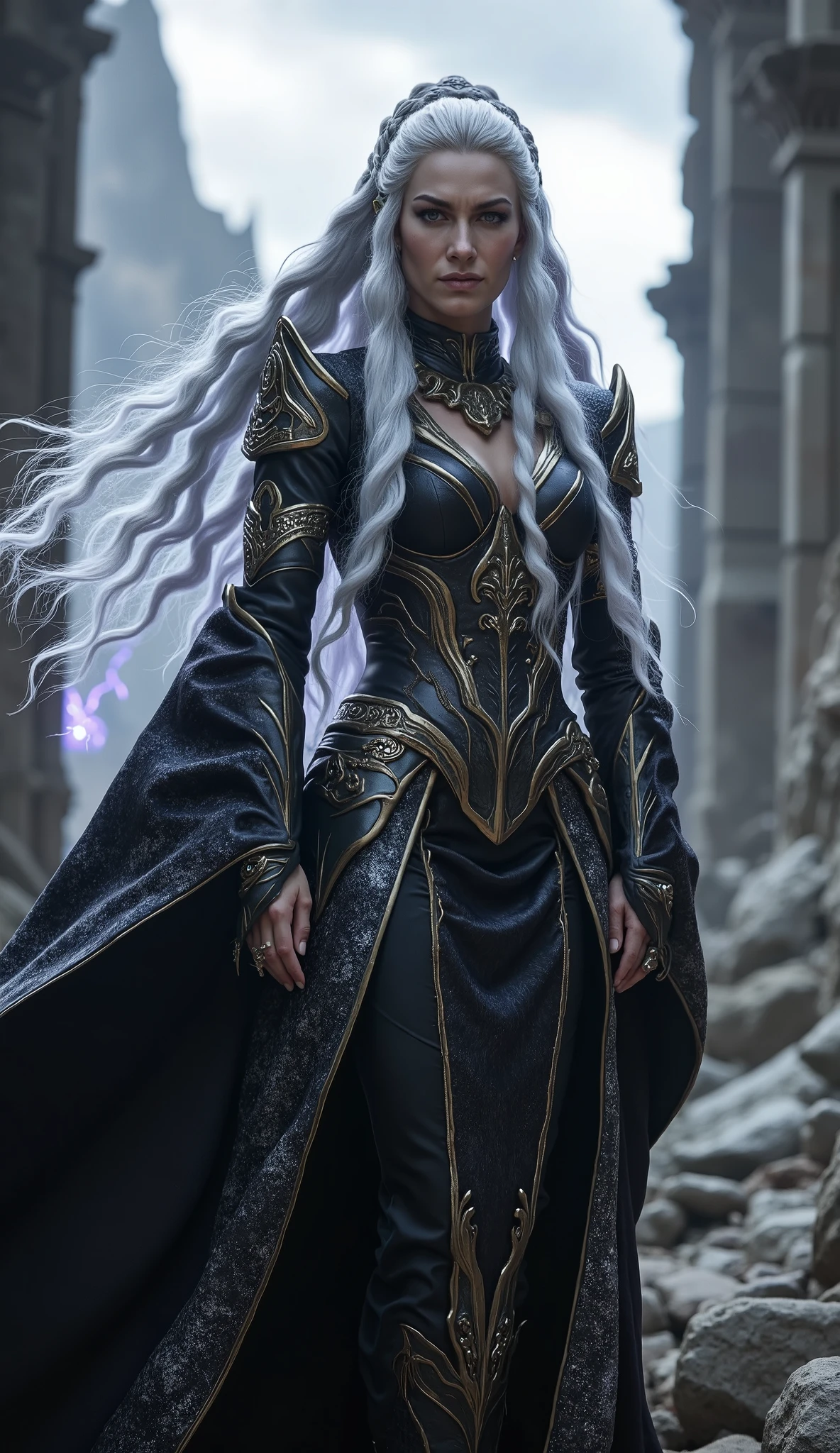 Sindel, de *mortal kombat 11*, is a character with an imposing presence, with a regal and powerful appearance. She is portrayed with long hair and silver, that floats and shines with an ethereal glow. His expression is fierce and determined, with intensely illuminated eyes, reflecting your mystical power. Her costume is luxurious and detailed, with metal elements, a mix of dark tones with shiny silver accents, that reflect your royalty. Your posture is elegant and at the same time menacing, with an aura of strength and absolute control.
The background of the scene is a destroyed castle, with broken walls and scattered stone ruins, creating a dramatic setting that further exalts her majesty and power. The sky is cloudy, with lightning illuminating the destruction, hair giving a dark and epic touch to the scenery. Dramatic lighting enhances the shine of her hair and the ominous glow in her eyes, while the atmosphere of the devastated castle accentuates the strength of her character.
With this description, a hyper-realistic image would be created with as much detail as possible, focusing on the skin texture , in the glitter of the hair and the lighting elements to bring Sindel to life in a majestic and powerful way.