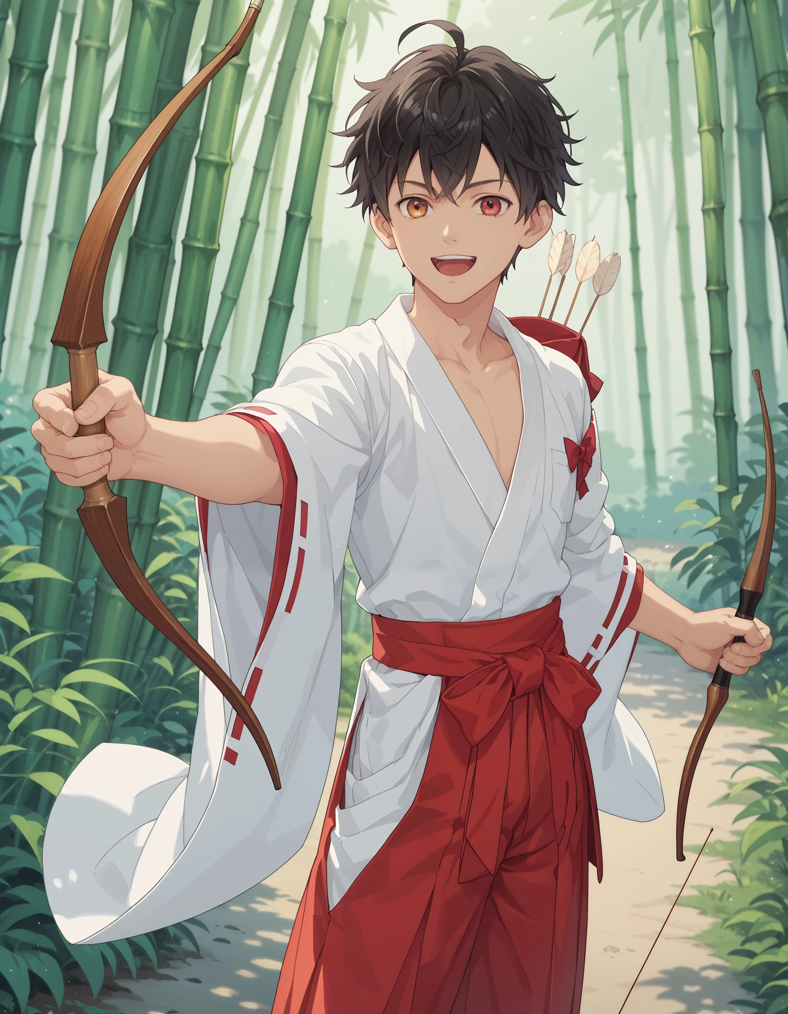 score_9, score_8_up, score_7_up, source_anime, anime_screencap, solo, bow \(weapon\), holding bow \(weapon\), holding weapon, arrow \(projectile\), archery, 1boy, felix_clermont, short hair, ahoge, male focus, smile, open mouth, black hair, bangs, sidelocks, miko outfit, hakama, red hakama, collarbone, open kimono, cowboy shot, bamboo