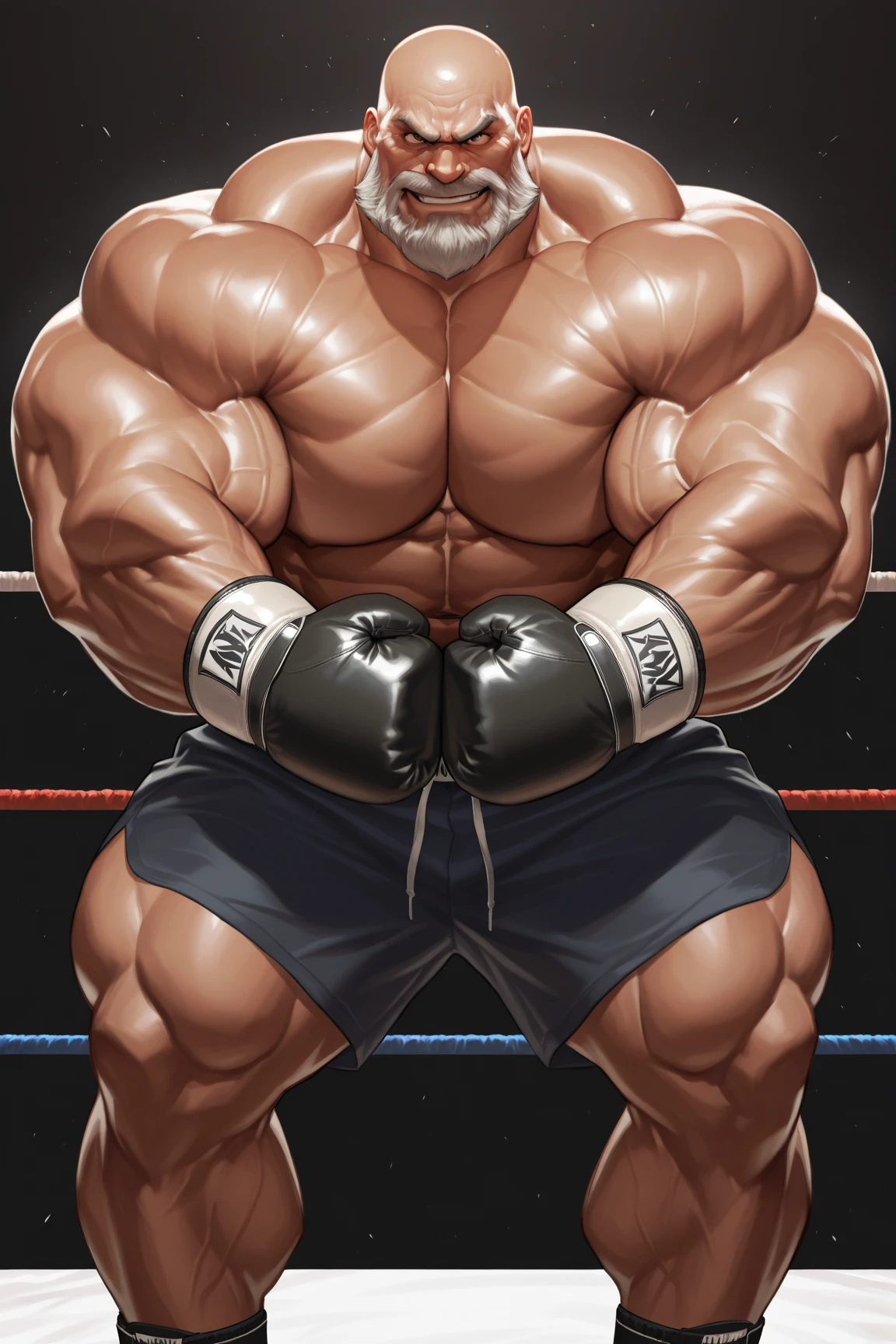 (magazine cover), with text, solo, 1boy, (Huge Muscular Old man as a boxer, wearing boxing gloves , wearing shorts) (short hair, 2tone hair color, two tone hair colors, red and white hair color), pectoral, abnormal muscle size, very big muscle, absurdly muscle size, huge pectoral, wide pectoral, short white hair, short bearded, simple background, masterpiece, high detailed, 8k, high resolution, --style 250, -- v 6.0