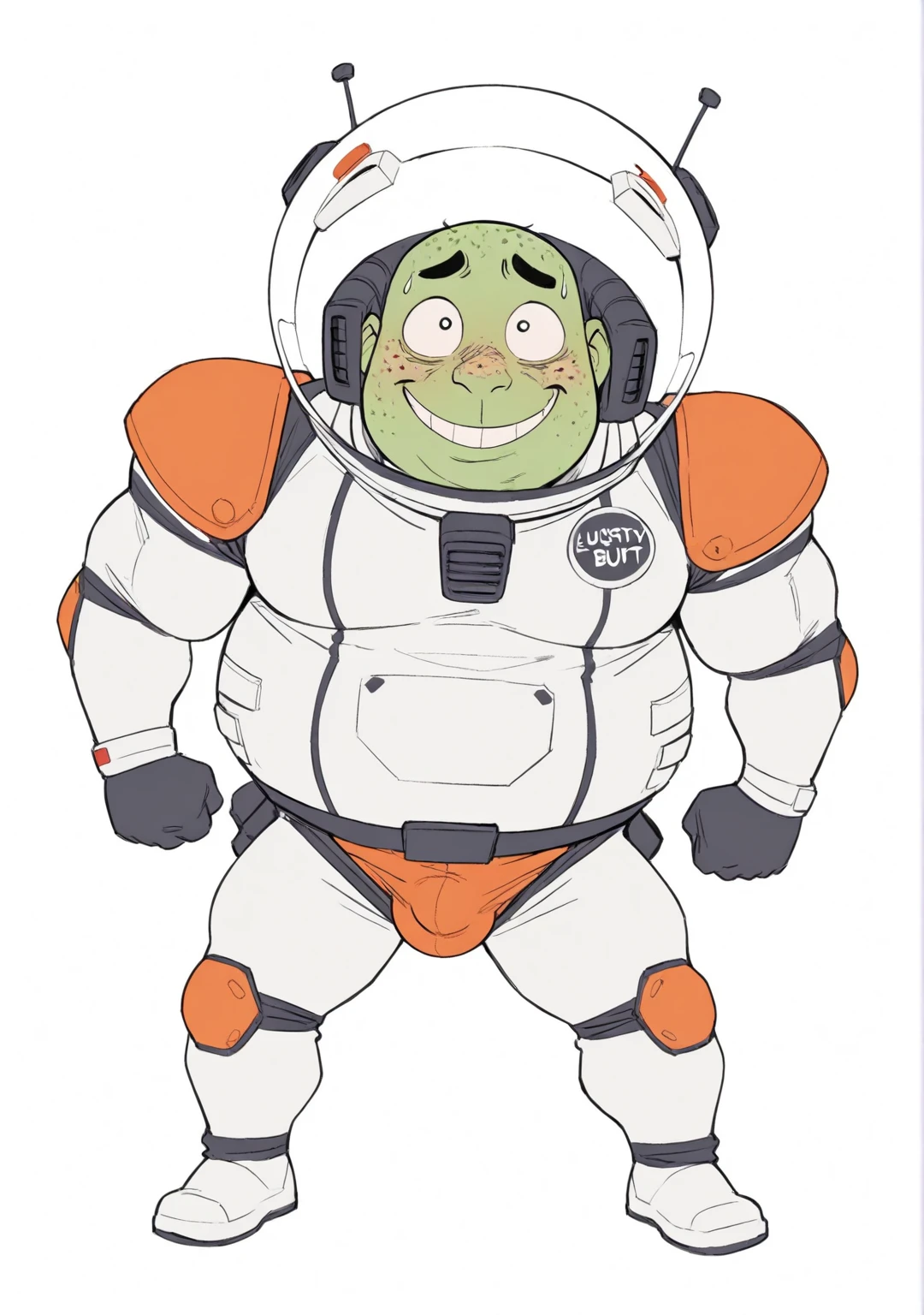 4K, masterpiece, detailded.💚（（tmasterpiece）），（（（best qualtiy））），（CharacterDesignSheet，Same role，frontage，Lateral face，on  back），concept-art，concept art of character，Character sketches，reference sheet，Role table,💚The captain of the astronauts is a plump, chubby man, extremely thick thighs, a large belly, fat. Passing inside the spaceship laboratory , he checks an analysis under the microscope. His arms are holding digital analysis devices. He wears a spacesuit.