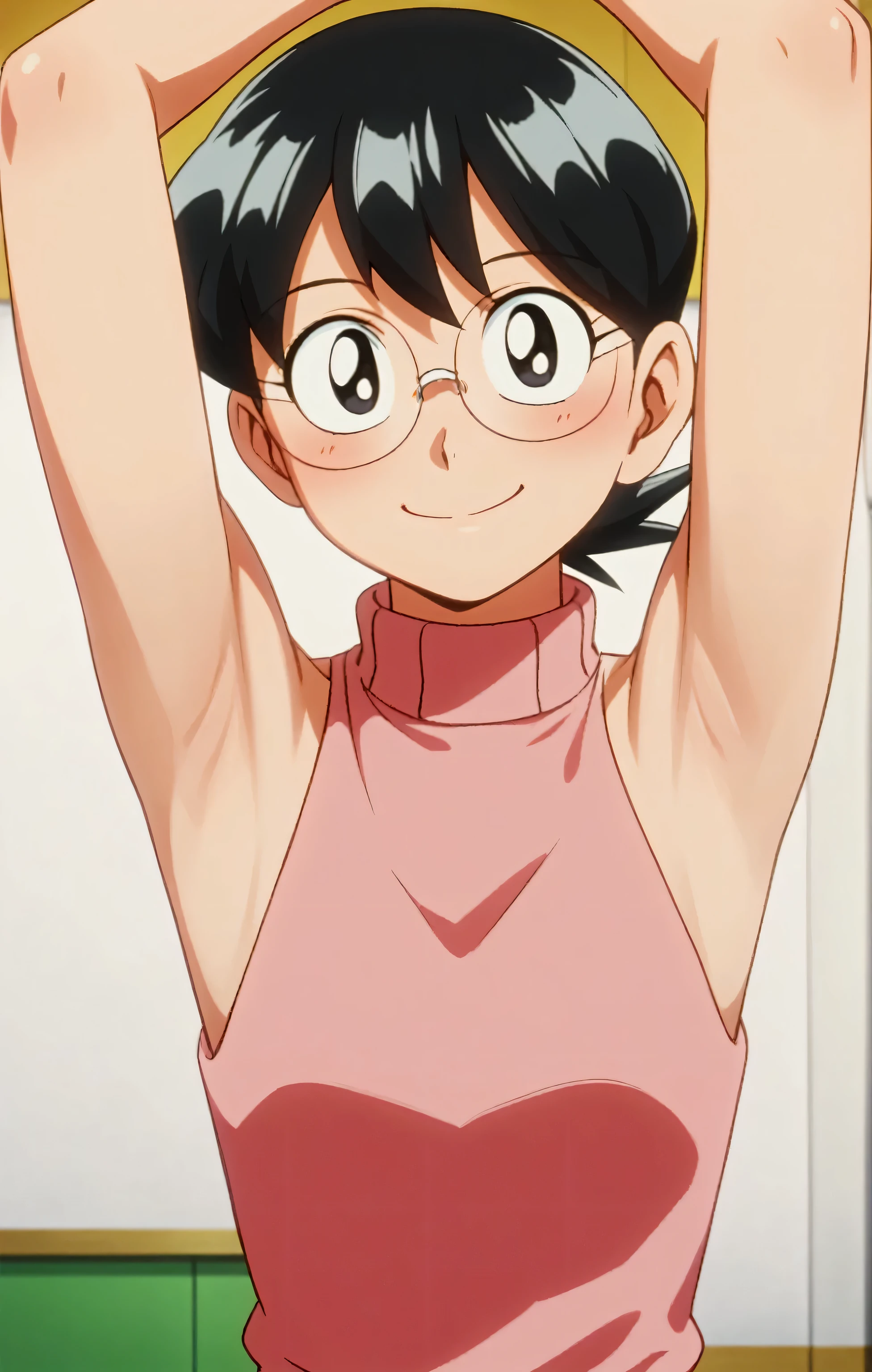 score_9, score_8_up, score_7_up, source_anime, anime coloring, masterpiece, best quality, amazing quality, anime screencap, 1girl, solo, tamako nobi, black hair, black eyes, glasses, pink sweater, sleeveless sweater, bare shoulders, bare arms, arms up, raised arms, armpits, head towards viewer, looking at viewer, smile, blush, closed mouth, indoors, armpits focus, Doraemon style, retro anime style 