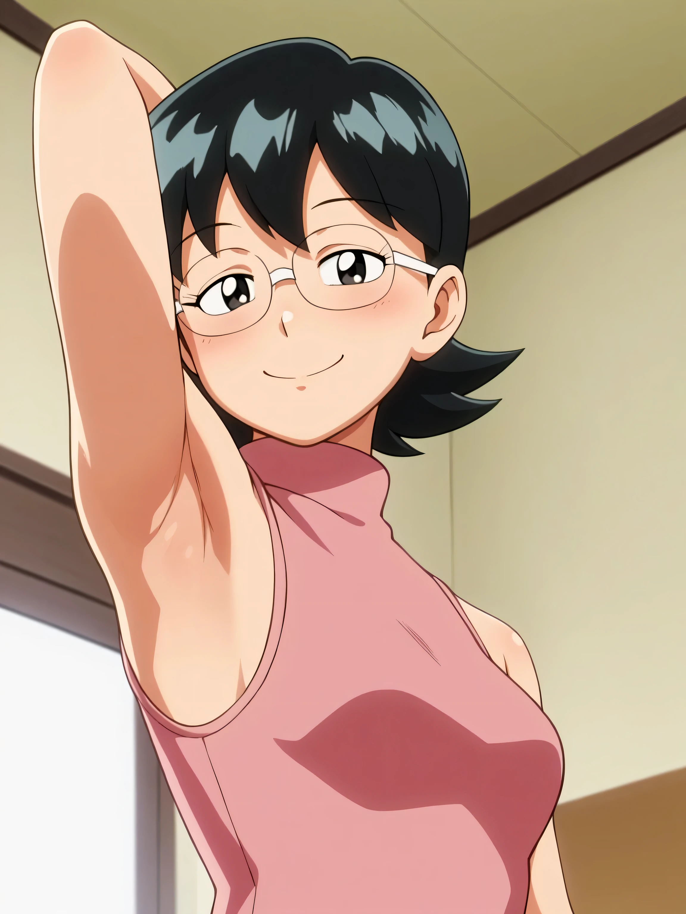 score_9, score_8_up, score_7_up, source_anime, anime coloring, masterpiece, best quality, amazing quality, anime screencap, 1girl, solo, tamako nobi, black hair, black eyes, glasses, pink sweater, sleeveless sweater, bare shoulders, bare arms, arm behind head, armpit, head towards viewer, looking at viewer, half-closed eyes, smile, closed mouth, indoors, armpits focus, Doraemon style, retro anime style, from side, from below, on viewer's lap, armpit into viewer's face, blush