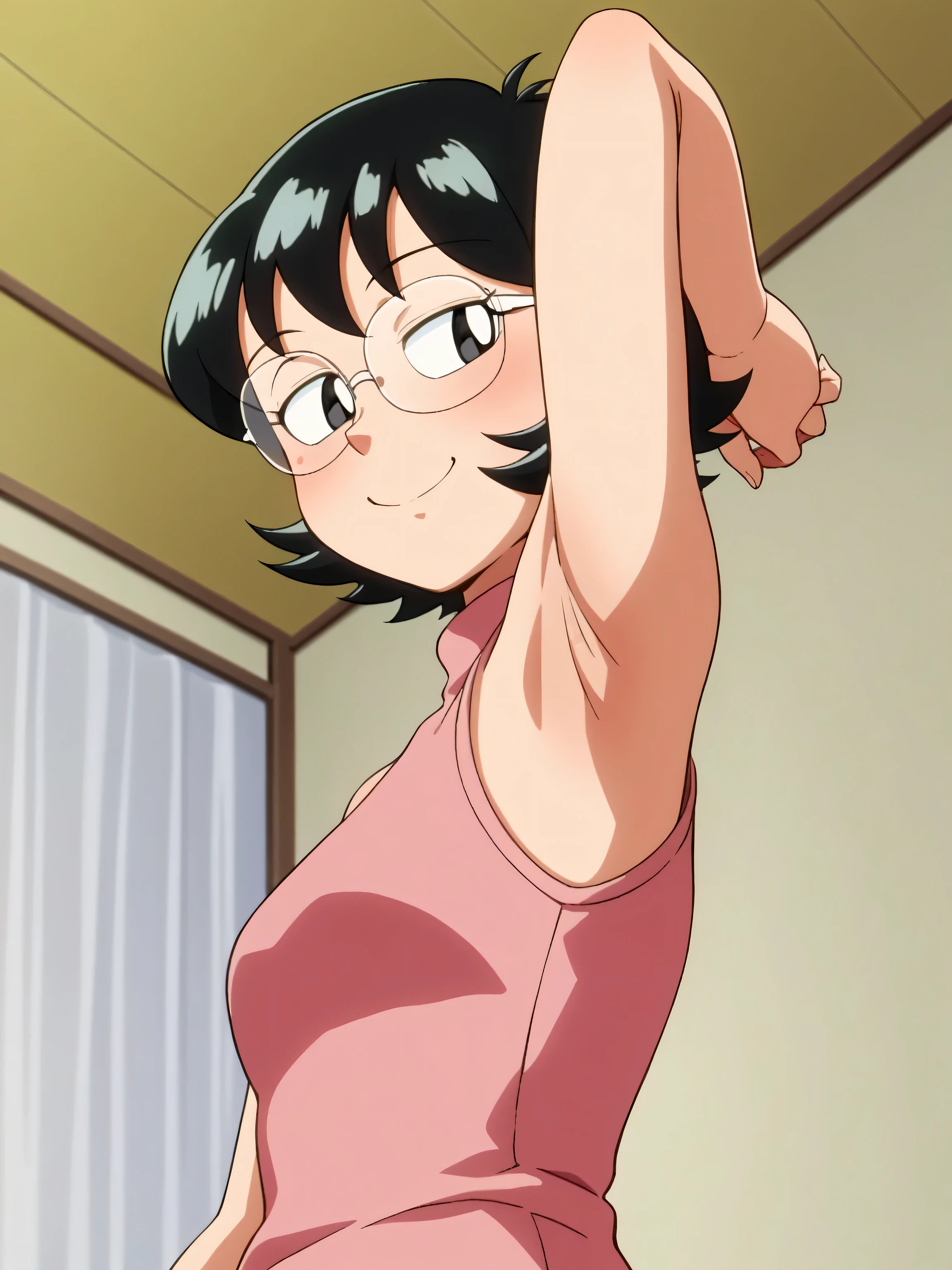 score_9, score_8_up, score_7_up, source_anime, anime coloring, masterpiece, best quality, amazing quality, anime screencap, 1girl, solo, tamako nobi, black hair, black eyes, glasses, pink sweater, sleeveless sweater, bare shoulders, bare arms, arm behind head, armpit, head towards viewer, looking at viewer, half-closed eyes, smile, blush, closed mouth, indoors, armpits focus, Doraemon style, retro anime style, from side, from below, on viewer's lap, armpit into viewer's face