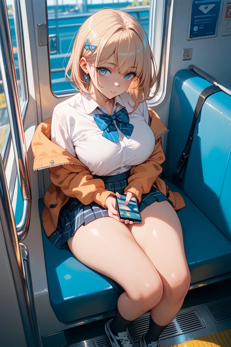 best quality,ultra-detailed,high resolution,extremely detailed CG,perfect anatomy,detailed,cinematic lighting,beautiful detailed eyes,ultra high res,(One woman:1.5),(16 years old:1.4),(milf:1.6),milf,gleaming skin,oil skin,large breasts,skindantation,sweat,humid,clothed,curvy,(sweat:1.2),nsfw,nose blush,cowboy shot,Glowing Skin,Beautiful Hair,(school uniform:1.5),(looking away:1.4) ,(staring at smartphone:1.7),on the train, train interior, (sitting:1.3),(skirt:1.3), show off panties,random panties, (cameltoe:1.3), front view of front seat,(platina blond hair:1.4),Bitter smile,little open mouth