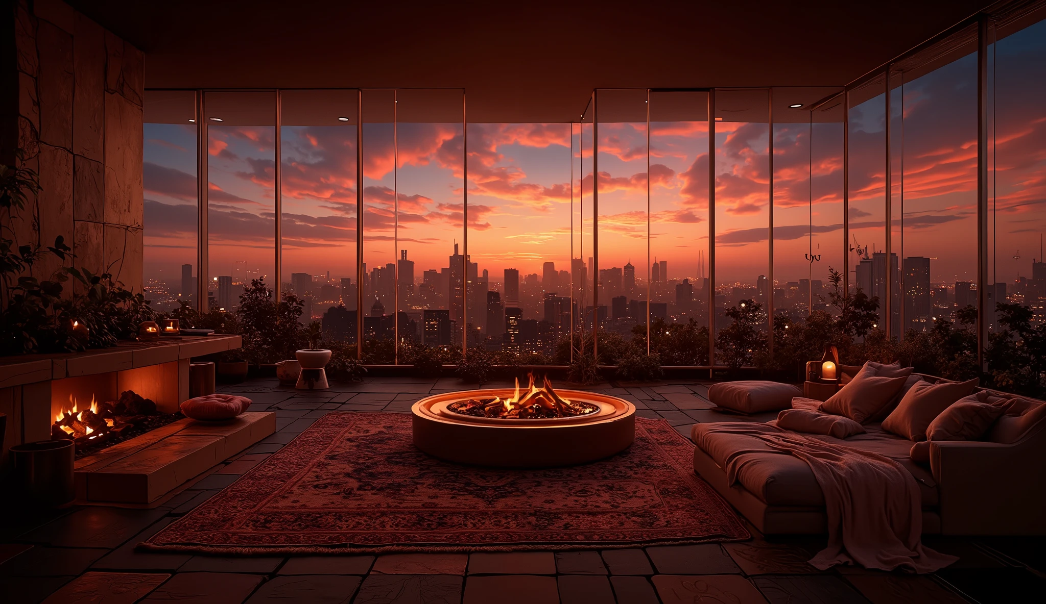 A luxurious yet cozy penthouse living room with floor-to-ceiling windows showcasing a stunning view of the city at sunset. The space features soft ambient, a large sectional sofa with warm blankets, and coffee table. Fire place for cosy atmospfer